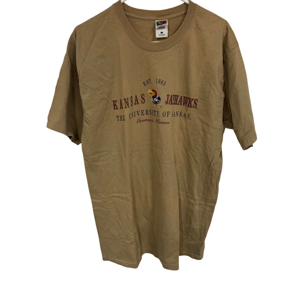 Vintage Kansas Jayhawks KU Shirt Mens Size LARGE Tan Short Sleeve Lofteez